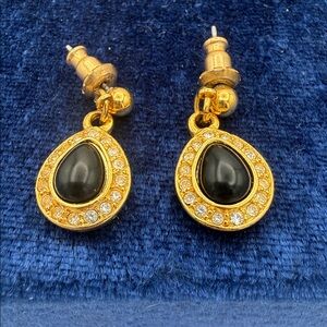 VTG Napier Goldtone Teardrop Earrings w/ Black Center and Crystal Halo